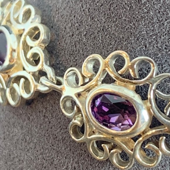 Vintage Sterling Silver 925 Amethyst Scroll Link Tennis Bracelet 7.75" Long - Picture 3 of 13